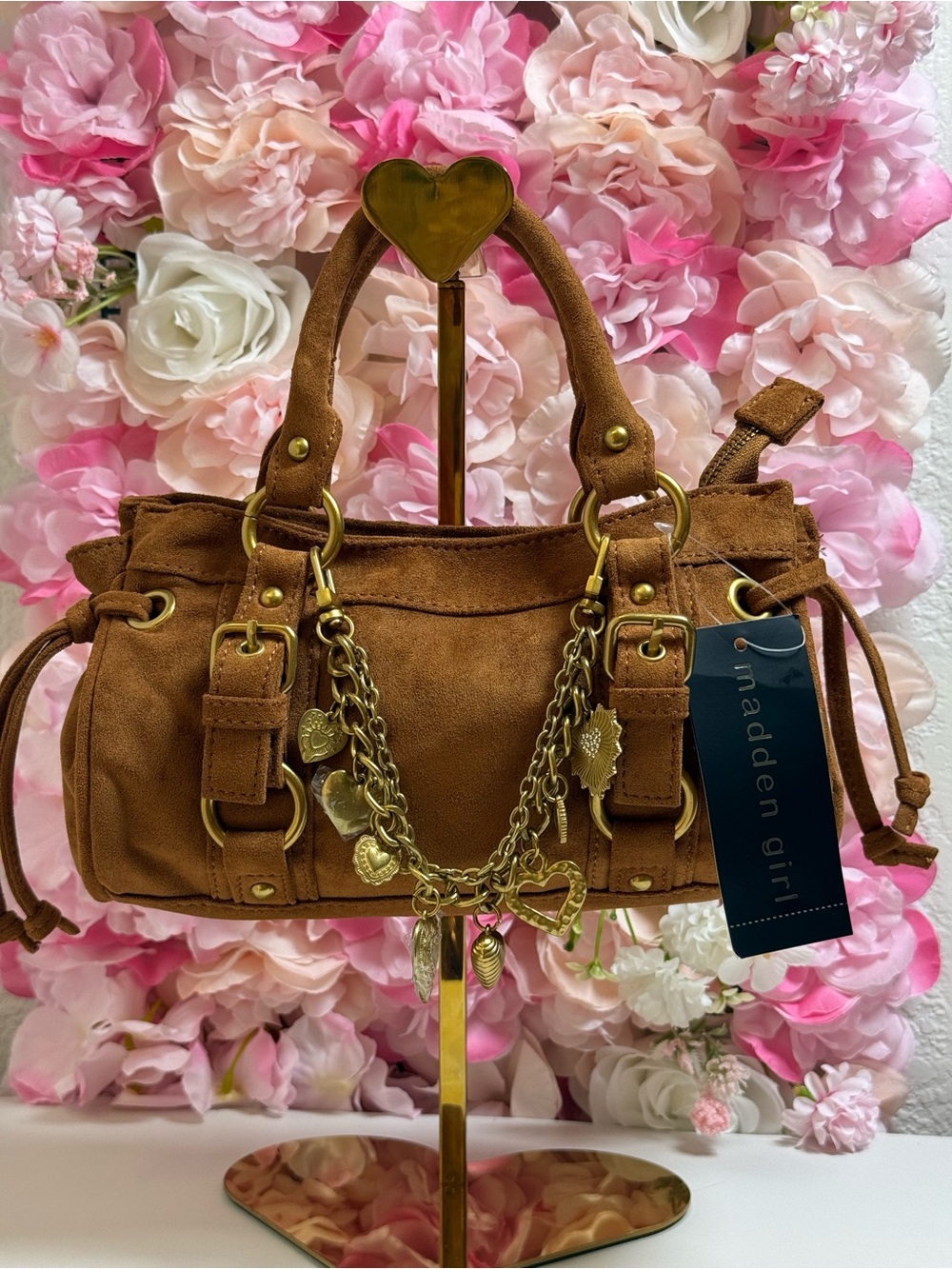 Steve Madden Suede Heart Charm Satchel Handbag
